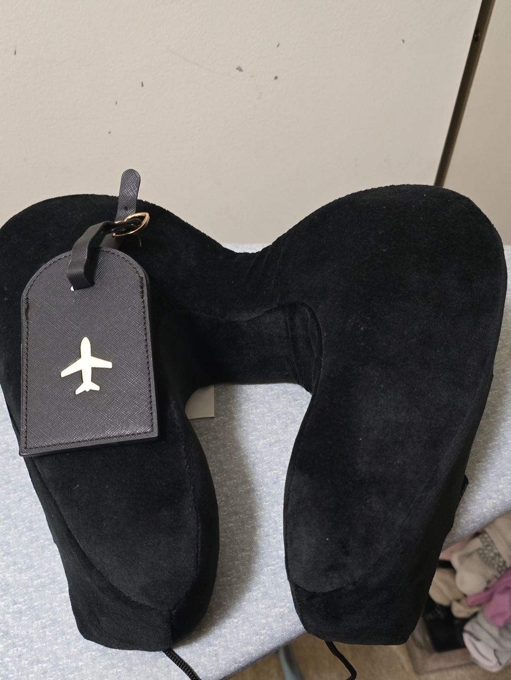 Black Memory Foam Travel Neck Pillow with Luggage Tag